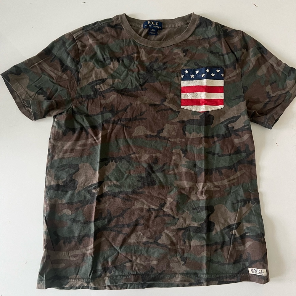 Boys Polo Ralph Lauren Camo Tshirt American Flag Pocket Size 18-20